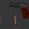 Black Pistol With Red Grip And Two Magazines Featuring Visible Bullets On Reflective Surface 3d model