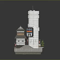 Cartoon Scene of Modern Capital Tower with Traditional Japanese Style Buildings Small Trees and Red Decorations