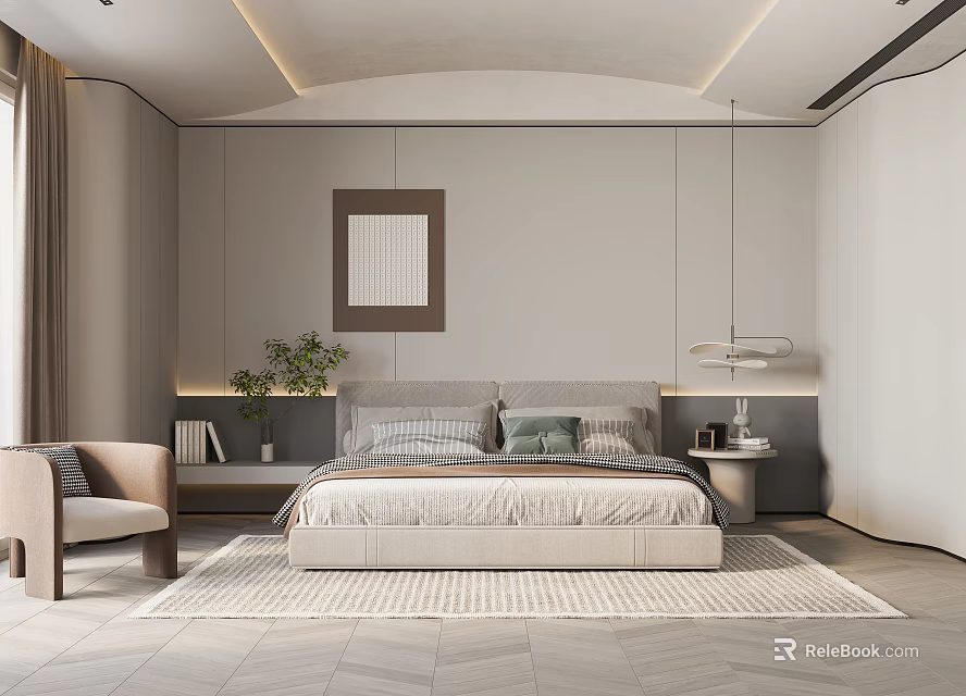 Modern Bedroom Interior Design With King Bed Side Tables Accent Chair And Wall Art 3d model 