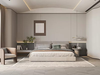 Modern Bedroom Interior Design With King Bed Side Tables Accent Chair And Wall Art 3d model