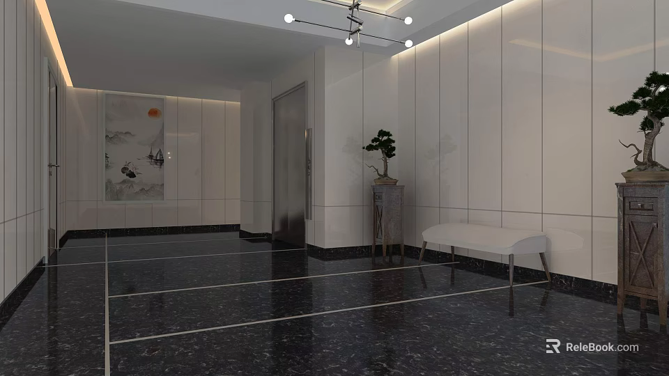 Modern Elevator Lobby Interior With White Panel Walls And Black Marble Flooring 3d model 