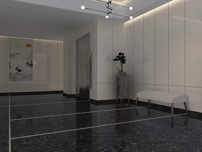 Modern Elevator Lobby Interior With White Panel Walls And Black Marble Flooring 3d model