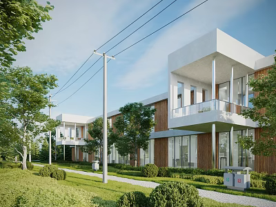 Modern Two Story Office Building Exterior With Glass Curtain Walls Wooden Elements Greenery Lawn Pathway 3d model