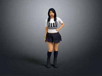 Woman Standing With Hands On Hips In White T Shirt Black Skirt Boots Gray Background 3d model