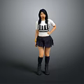 Woman Standing With Hands On Hips In White T Shirt Black Skirt Boots Gray Background