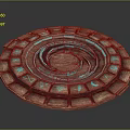 Ornate Wooden Circular Architectural Decor With Spiral Blue Accents And Intricate Symbols