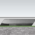 Modern Feature Wall With Gray Concrete Black Vertical Grilles Green Trees Grass Stone Pavement