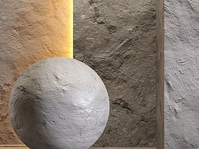 Gray Concrete Sphere Decorative Component With Multicolored Textured Walls And Wooden Frame 3d model