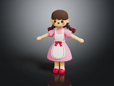 3D Game Movie Character With Brown Pigtails Pink Dress White Apron Red Bow And Red Shoes 3d model