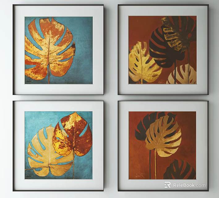 Framed Decorative Paintings With Gold Brown Leaf Patterns On Blue Backgrounds 3d model