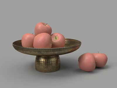 Fresh apples on a copper platter with two beside them 3d model