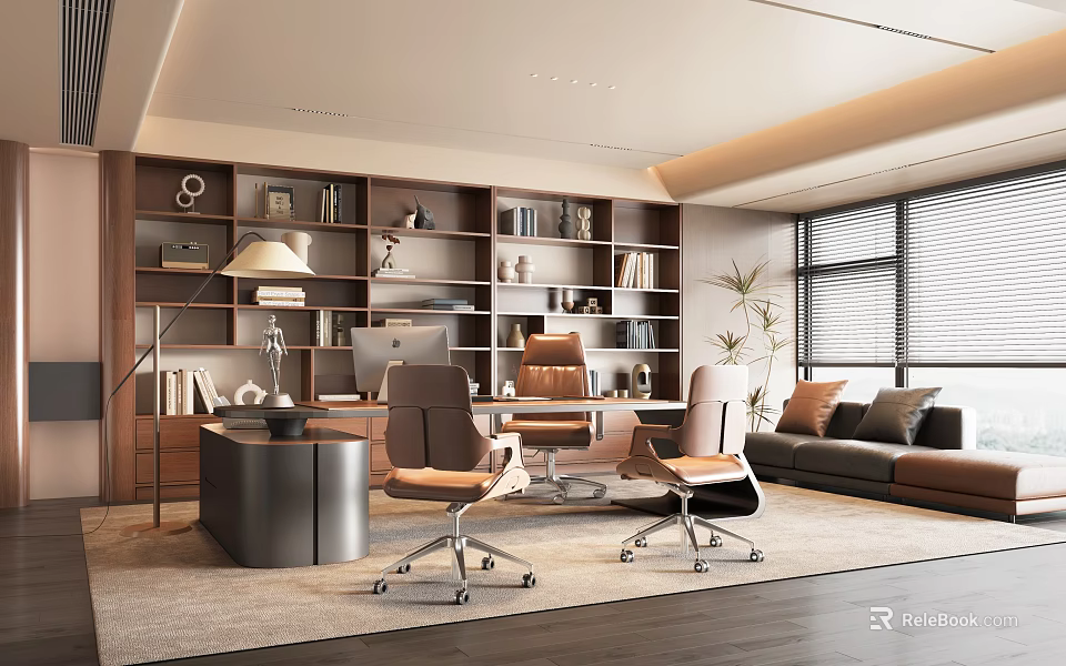 Modern Office Interior Featuring Wooden Bookshelves Leather Chairs Sofa Floor Lamp And Potted Plant 3d model 