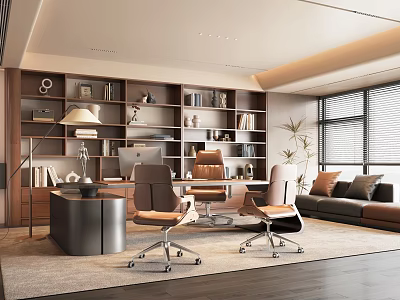 Modern Office Interior Featuring Wooden Bookshelves Leather Chairs Sofa Floor Lamp And Potted Plant 3d model