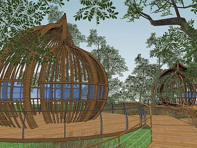Spherical Wooden House Surrounded by Trees With Wooden Deck and Blue Windows 3d model