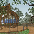 Spherical Wooden House Surrounded by Trees With Wooden Deck and Blue Windows