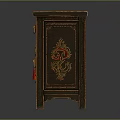 Traditional Chinese Style Wooden Cabinet With Red Green Floral Doors And Golden Accents