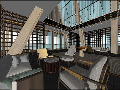 Modern Hotel Lobby Interior With Sofas Armchairs Round Coffee Tables Wooden Screens And Pendant Lights 3d model
