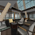 Modern Hotel Lobby Interior With Sofas Armchairs Round Coffee Tables Wooden Screens And Pendant Lights