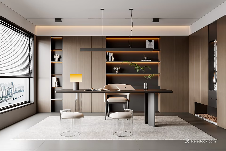 Modern Study Room Interior With Built in Shelves Wooden Desk Comfortable Chair And Hanging Lights 3d model 