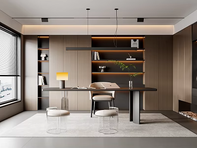 Modern Study Room Interior With Built in Shelves Wooden Desk Comfortable Chair And Hanging Lights 3d model