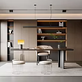 Modern Study Room Interior With Built in Shelves Wooden Desk Comfortable Chair And Hanging Lights