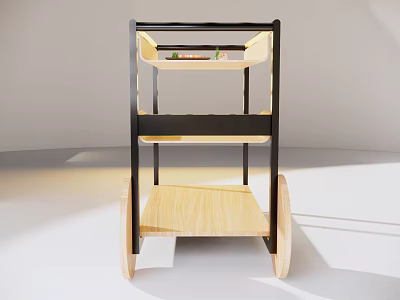 Modern Minimalist Three Tier Storage Shelf With Wooden Shelves Black Metal Frame And Rolling Wheels 3d model