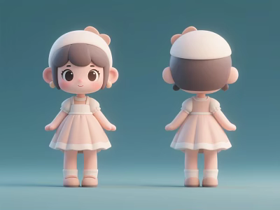Cartoon Girl in Pink Dress White Hat Front and Back Views Light Blue Background 3d model