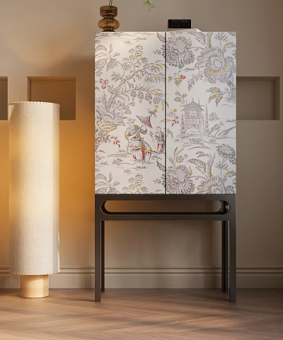 Patterned Console Cabinet With Black Legs And Floor Lamp In Light Colored Room 3d model