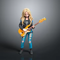 Man Playing Yellow Electric Bass In Black Leather Jacket And Ripped Jeans On Gray Background