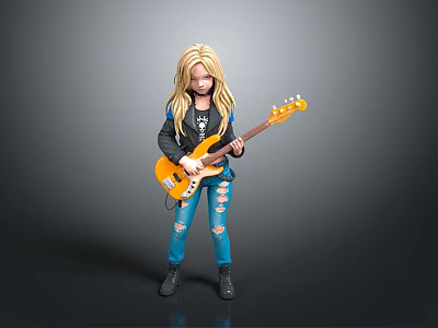 Man Playing Yellow Electric Bass In Black Leather Jacket And Ripped Jeans On Gray Background 3d model