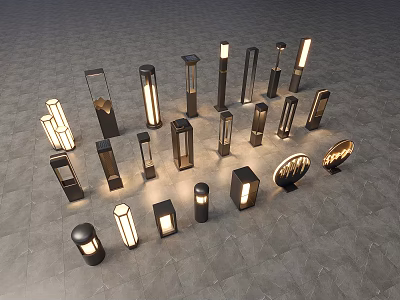 Various Design Outdoor Lights Illuminated And Unlit Arranged On Gray Floor 3d model