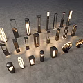 Various Design Outdoor Lights Illuminated And Unlit Arranged On Gray Floor