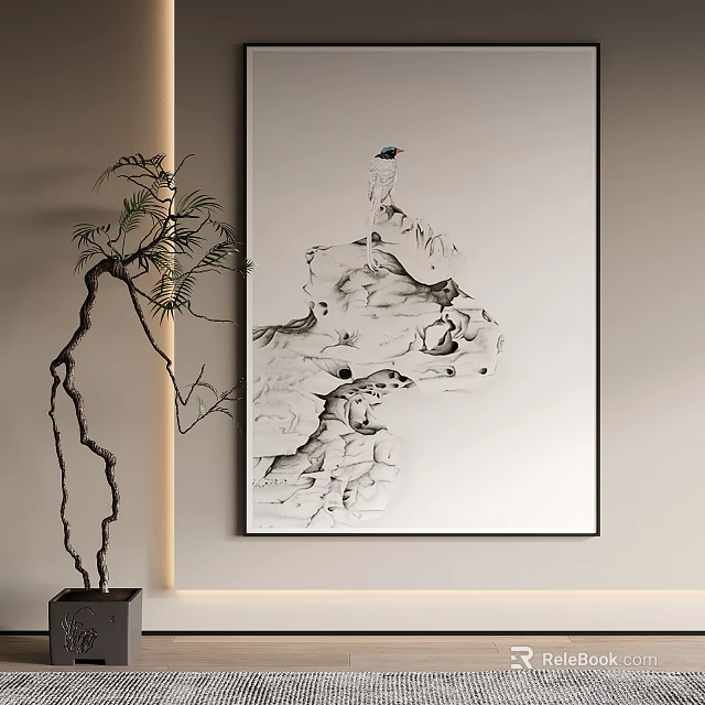 Minimalist Interior Wall Decor With Ink Painting Mountain Rocks And Green Plant 3d model 