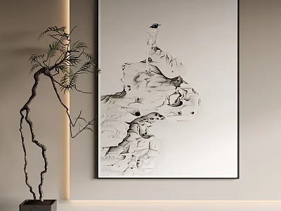Minimalist Interior Wall Decor With Ink Painting Mountain Rocks And Green Plant 3d model