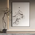 Minimalist Interior Wall Decor With Ink Painting Mountain Rocks And Green Plant