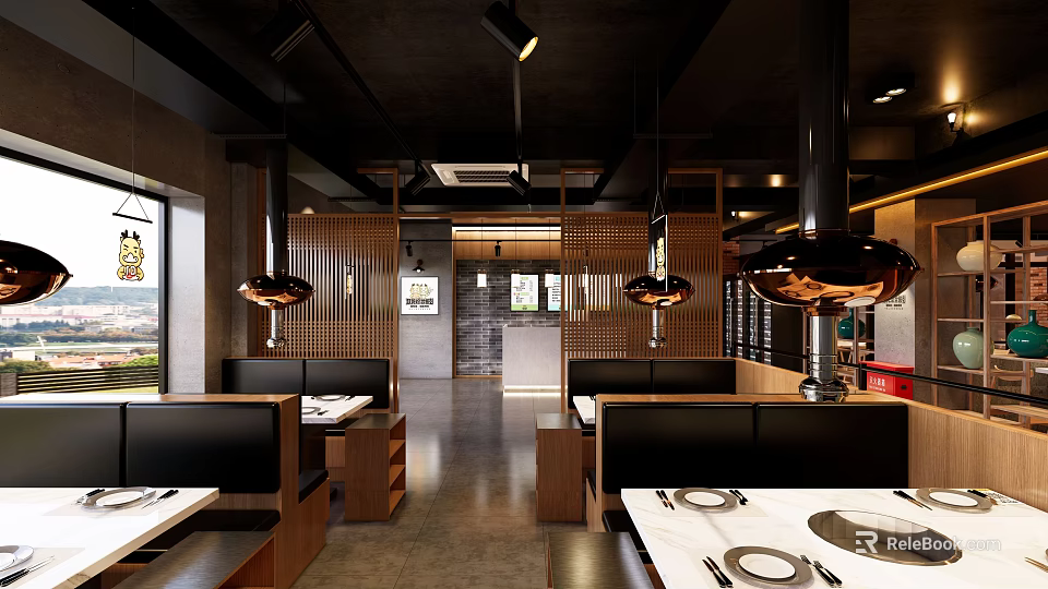 Modern Restaurant Interior With Booth Seating Wooden Panels And Pendant Lights 3d model 