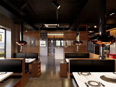 Modern Restaurant Interior With Booth Seating Wooden Panels And Pendant Lights 3d model