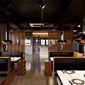 Modern Restaurant Interior With Booth Seating Wooden Panels And Pendant Lights