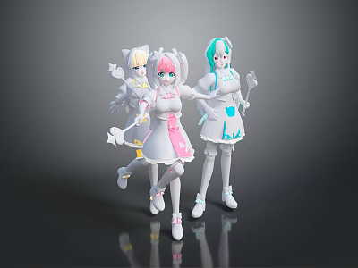 Cute Children With Colorful Pink Blue White Outfits Standing Together In Playful Cartoon Style 3d model