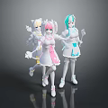 Cute Children With Colorful Pink Blue White Outfits Standing Together In Playful Cartoon Style