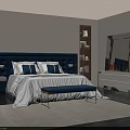 Modern Bedroom Interior With Blue Headboard Double Bed White Sheets Blue Pillows And Bench