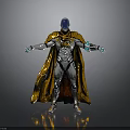 Futuristic Sci Fi Character With Blue Head Silver Armor Yellow Cape And Blue Energy Orbs