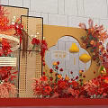 Elegant Decorative Setup With Red Gold Floral Displays And Geometric Elements 3d model