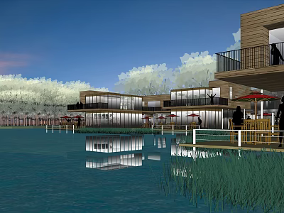 Waterfront Commercial Street With Modern Buildings Lighting Reflections On Water And Trees 3d model