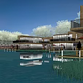 Waterfront Commercial Street With Modern Buildings Lighting Reflections On Water And Trees