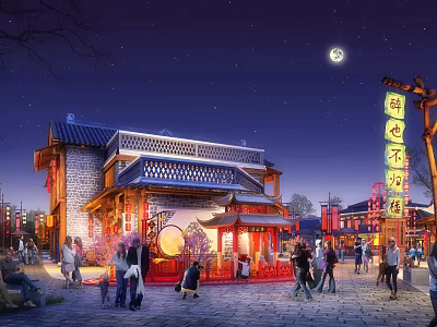 Ancient Architectural Commercial Street Night View With Traditional Lanterns Crowded Visitors And Moonlight 3d model