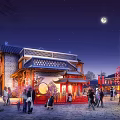 Ancient Architectural Commercial Street Night View With Traditional Lanterns Crowded Visitors And Moonlight