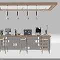 Modern Wooden Bar Counter With Hanging Lights Stools Coffee Machines And Plants