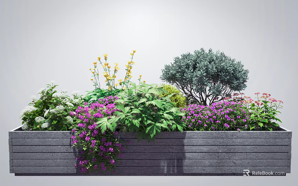 Colorful Flowers And Plants In Gray Wooden Flower Box With Yellow Purple Blooms Green Shrubs 3d model 