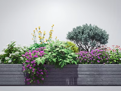 Colorful Flowers And Plants In Gray Wooden Flower Box With Yellow Purple Blooms Green Shrubs 3d model